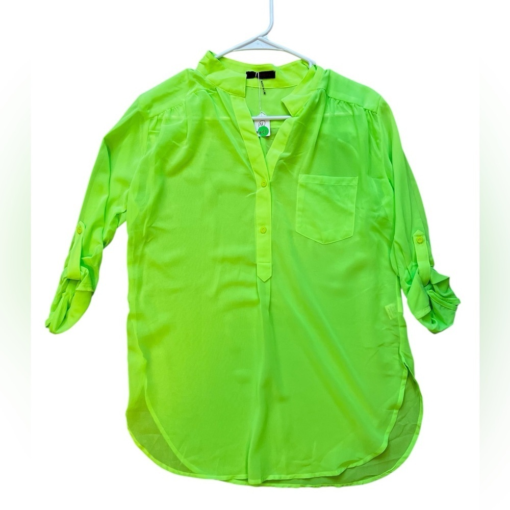 Neon Lime Green Quarter Button Down Blouse Top Size Medium Large
